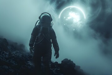 Astronaut Exploring the Surface of a Distant Mysterious Planet in Moody Atmospheric Expressionist