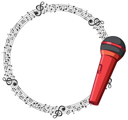 Red microphone surrounded by a circle of musical notes
