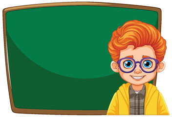 Cartoon boy in glasses standing by a chalkboard