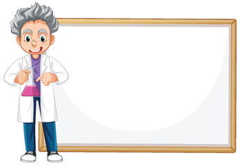 Cartoon scientist presenting with a large empty board.