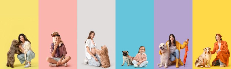 Collage of owners with their cute dogs on color background