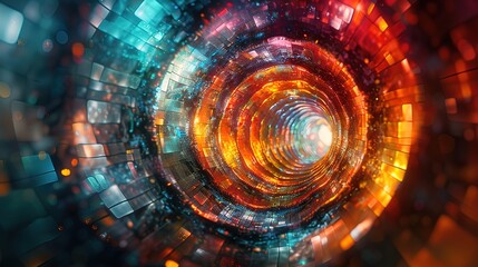 Obraz premium Dynamic Geometric Spectra of Futuristic Dimensions，A Lively Universe of Color Blocks in Transformation, Fusion, and Rebirth under Pulsating Lights ，Visionary Passage into Future Dimensions