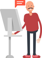 Bald Man Character Working on Computer

