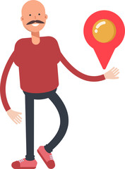 Bald Man Character Holding Map Pin
