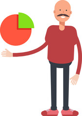 Bald Man Character Holding Pie Chart
