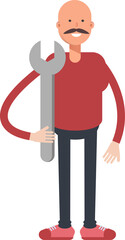 Bald Man Character Holding Wrench
