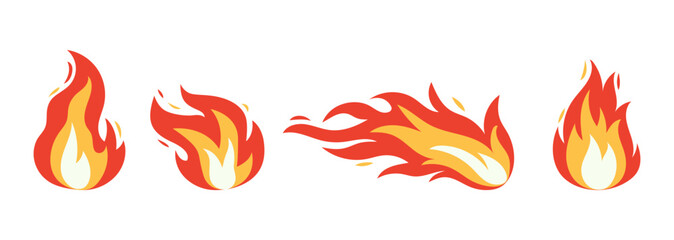 Vector bright burn flame icon set isolated on white background. Hot fire flat clipart sings collection. Burning fireball signs