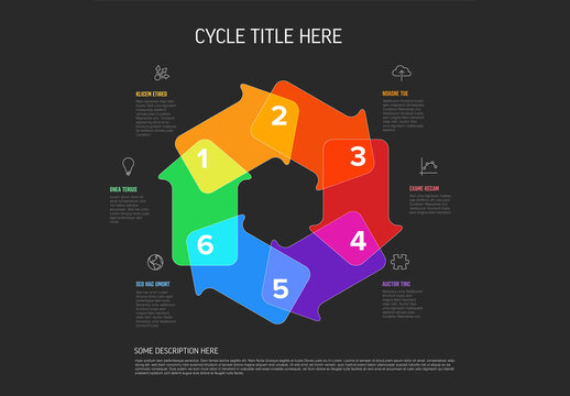 Six overlay arrows elements infographic cycle with icons and numbers on black background