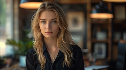 Photograph of a beautiful blue-eyed blonde woman in a black shirt standing at a desk, looking at the camera,Generative AI illustration.