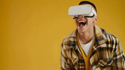 Man wearing virtual reality (VR) goggles. Yellow background. Copy space.