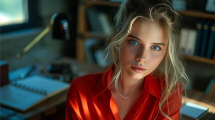 Photograph of a beautiful blue-eyed blonde woman in a red shirt standing at a desk, looking at the camera,Generative AI illustration.
