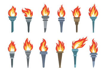 Vector burning flame torches set icons isolated on white background. Sport flat style games victory symbols collections. Winner abstract sign.