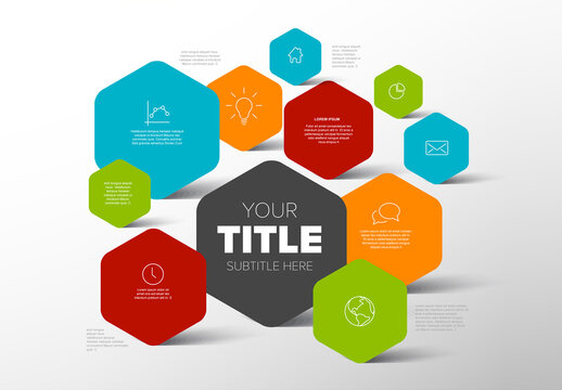 Multipurpose infochart template with solid color hexagons and place for the content and icons