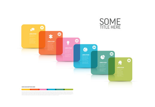Six big semi transparent rounded rainbow square blocks for six steps infographic template