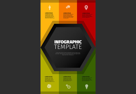 Multipurpose dark template with six vertical stripes and big hexagon in the middle with icons and text placeholders