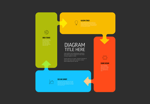 Solid color cycle infographic template made from four pastel color rectangles with arrows on dark background