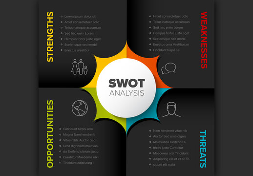 Dark gray paper squares with color borders SWOT diagram schema template