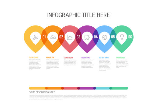 Horizontal six elements pin pointer steps infographic template with big icons and descriptions