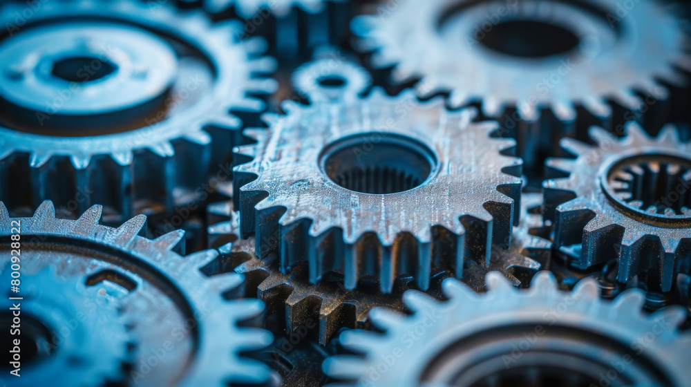 Poster closeup of gears and cogs of machines in motion, engineering concept