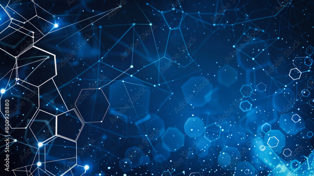 Poster a blue abstract technology background with white hexagon and circuit lines