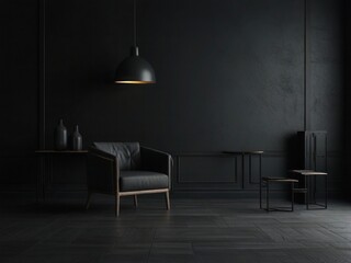 Modern dark home interior background wall mock up 3d render, modern living room with sofa