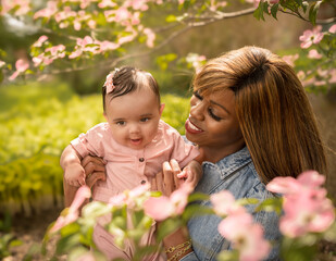 Beautiful African American mother showing blooming dogwood flowers to her baby girls in park in spring
