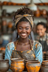 A cheerful young woman works in pottery manufacturing, smiling amid her industrial equipment.
