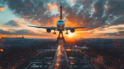 Eiffel tower and airplane at sunset. Spectacular image showcasing an airplane in flight, framed against the iconic backdrop of the Eiffel Tower, evoking a sense of wonder and adventure. - obrazy, fototapety, plakaty