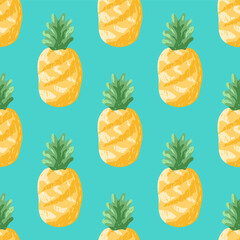 Seamless pattern with yellow hand drawn pineapple on bright turquoise background. Modern textured drawing sketch of tropical fruit. Colorful vector print for summer and beach design, fabric, cover.