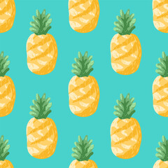 Seamless pattern with yellow hand drawn pineapple on bright turquoise background. Modern textured drawing sketch of tropical fruit. Colorful vector print for summer and beach design, fabric, cover.