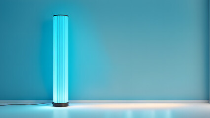 A blue lamp is standing in front of a blue wall