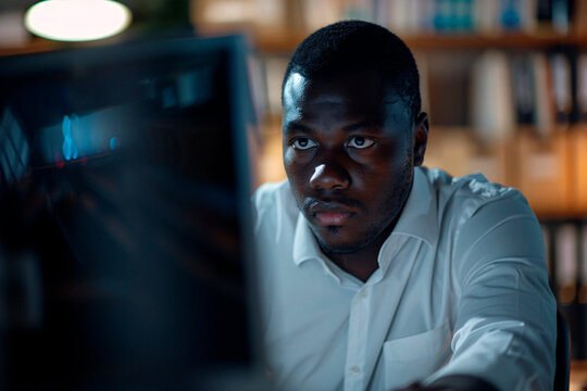 A focused man analyzes complex information across several illuminated computer monitors in an office - Powered by Adobe