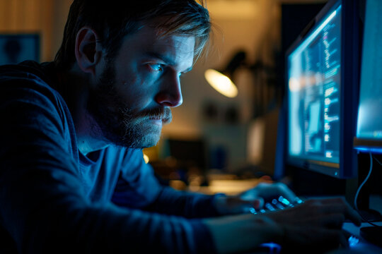 Capturing a focused individual deeply engrossed in software development on his computer during the nighttime