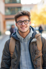 Portrait of happy young male university student at standing campus looking at camera