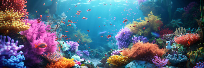 A whimsical underwater world inhabited by 3D snowmen swimming among colorful coral reefs, fantasy CGI rendering. Ai generated