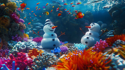 A whimsical underwater world inhabited by 3D snowmen swimming among colorful coral reefs, fantasy CGI rendering. Ai generated