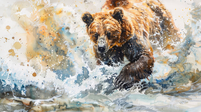 Watercolor painting illustrating a bear catching fish in a fast river