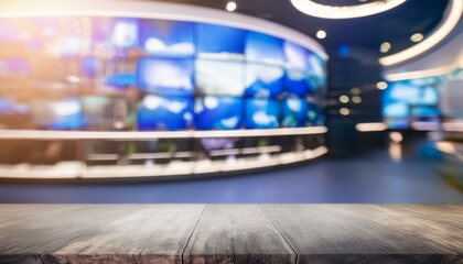 Blurred Interior virtual news studio background, modern news room, talk show, business room, sport news, TV studio, green Screen background, virtual studio blurred, Ai Generat