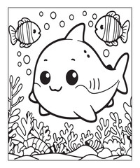 Cute Shark Coloring Page. black and white vector illustration for coloring book, Generative AI