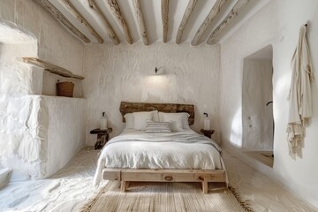 Greek island architecture style bedroom interior design with rustic wood bed frame, white walls and ceiling with textured sand effect - obrazy, fototapety, plakaty