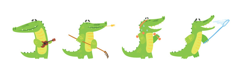 Cute Green Crocodile Animal Engaged in Different Activity Vector Set