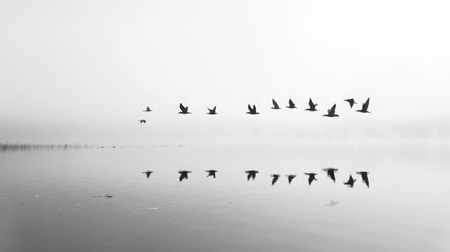 A flock of birds soaring high above a tranquil lake, their silhouettes reflected in the calm waters below.