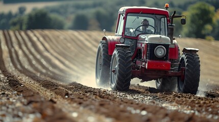 Obraz premium Vintage Tractor Plowing Fertile Farmland in Vibrant Patchwork Landscape