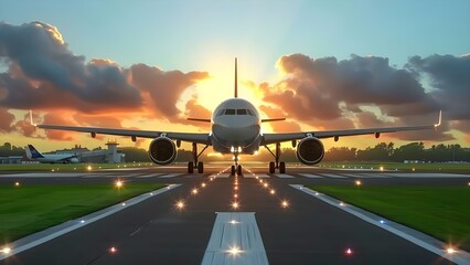 A passenger plane lands at the airport runway during sunset. Concept Airplane Landing, Sunset, Airport, Transportation, Travel