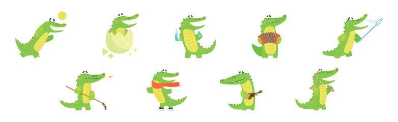 Cute Green Crocodile Animal Engaged in Different Activity Vector Set