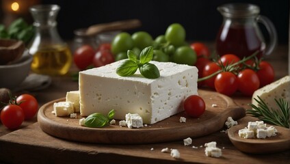 A gourmet capture of a block of feta cheese surrounded by ripe cherry tomatoes, fresh basil, olive oil, suggesting a Mediterranean meal prep
