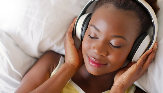 Portrait of a young beautiful African-American woman relaxing and listening to music using wireless headphones. With closed eyes, smiling and lying in bed, pillow and white sheets. Generative Ai.