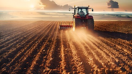 Tractor Cutting Through Golden Farmland with Intricate Furrow Patterns at Sunset