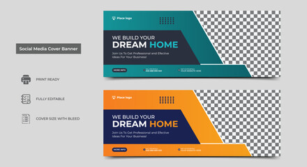 Construction social media cover banner design template. Home improvement web banner template. Dream home for sale social media cover banner template.