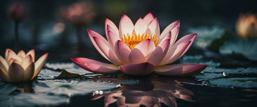 A serene image of a pink lotus flower in full bloom, with a dark water background and other lotuses, signifying peace and purity in nature